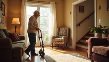 A senior using a mobility aid in a safe, well-lit home environment with subtle safety features integrated into the space.