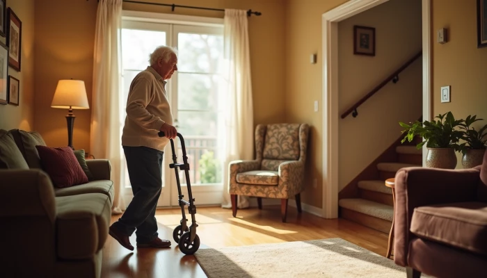 A senior using a mobility aid in a safe, well-lit home environment with subtle safety features integrated into the space.