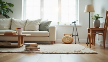 A living room with potential tripping hazards, including a loose rug, cluttered floor, and frayed cord, under soft natural light.