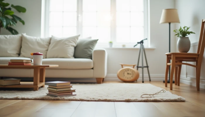 A living room with potential tripping hazards, including a loose rug, cluttered floor, and frayed cord, under soft natural light.