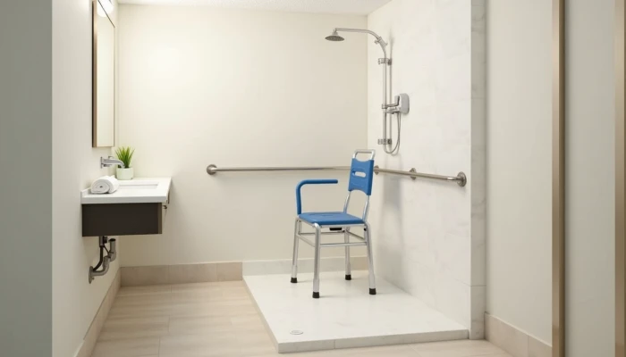 Modern bathroom with grab bars, shower chair, and non-slip mat, highlighting safety and comfort for seniors.