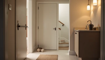 A well-lit home hallway with a handrail, bathroom with a non-slip mat, and a staircase with soft lighting, showing subtle home safety improvements for older adults.