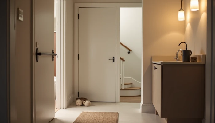 A well-lit home hallway with a handrail, bathroom with a non-slip mat, and a staircase with soft lighting, showing subtle home safety improvements for older adults.