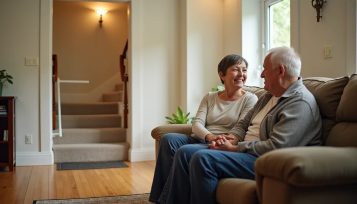 An older adult and family member in a living room with safety features like a non-slip mat, handrail, and nightlight, highlighting practical home modifications for safety.