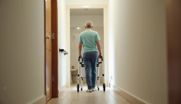 Senior using a walker in a well-lit, clutter-free hallway