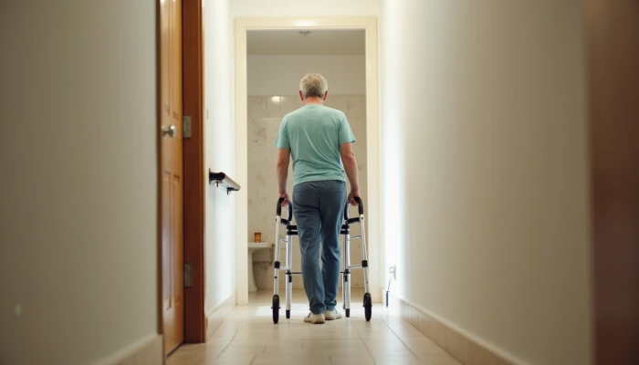 Senior using a walker in a well-lit, clutter-free hallway