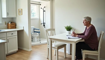 An elderly woman planning home modifications in a safe kitchen