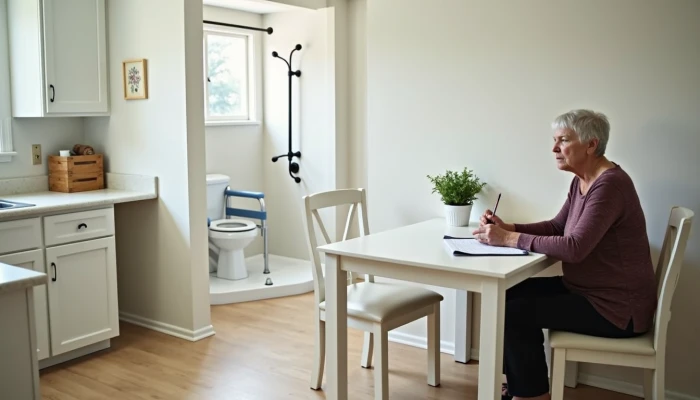 An elderly woman planning home modifications in a safe kitchen