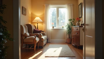 A well-lit living room with safety features such as a sturdy armchair, a clear walking path, and a softly glowing floor lamp, suggesting a safe and comfortable environment for aging adults