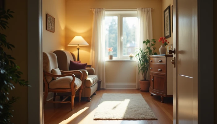 A well-lit living room with safety features such as a sturdy armchair, a clear walking path, and a softly glowing floor lamp, suggesting a safe and comfortable environment for aging adults