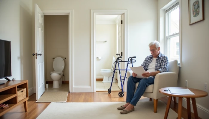 A senior citizen in a modern living room with home safety modifications