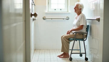 An elderly woman using a shower chair in a safe bathroom