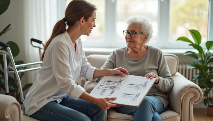 An elderly woman and a caregiver discussing home safety changes in a living room