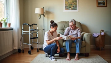 A senior and their grandchild discussing home safety improvements in a clean living room