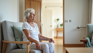 A senior woman sitting safely in her living room
