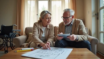 An occupational therapist and older adult reviewing a home modification plan in a living room with a tablet, measuring tape, and sketch notes on a table.
