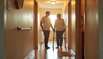A hallway and adjacent rooms showing home safety features for seniors, including grab bars, non-slip mats, and mobility aids, with a caregiver and older adult interacting.