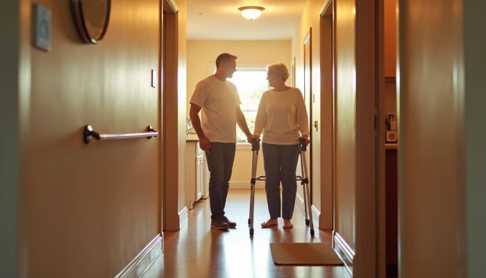 A hallway and adjacent rooms showing home safety features for seniors, including grab bars, non-slip mats, and mobility aids, with a caregiver and older adult interacting.